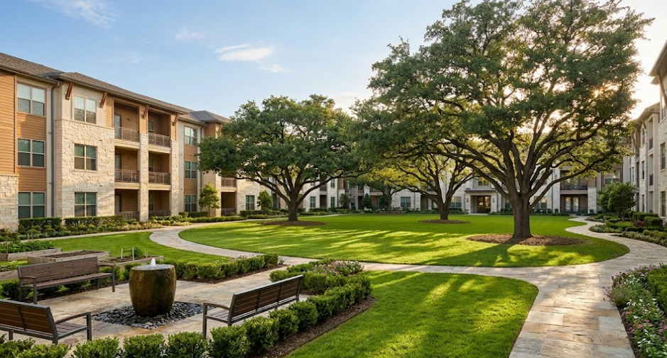 A clean, safe, and beautifully maintained commercial property with freshly trimmed trees.