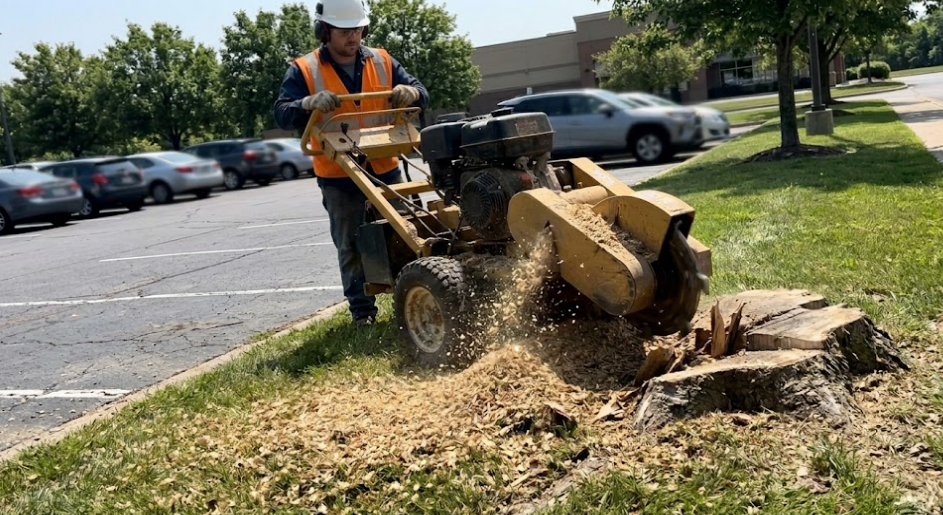 Professional stump grinding equipment removing a tree hazard from a commercial property parking lot.