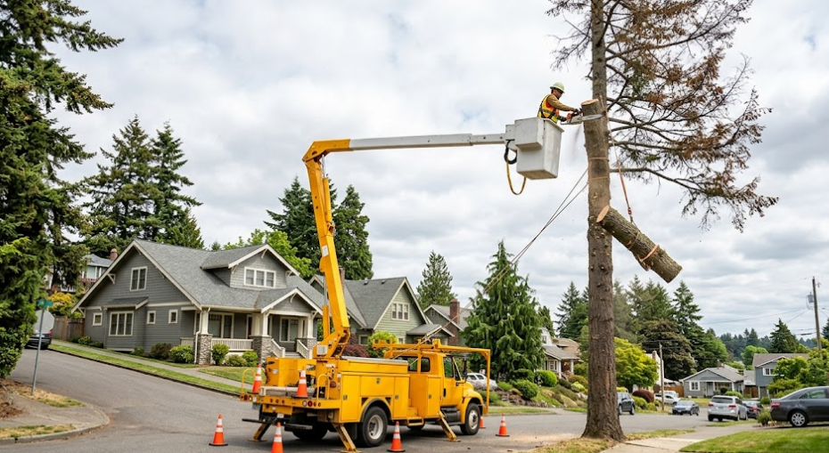 A1 Tree Service using a bucket truck for safe, high-reach tree removal in Spokane, WA.