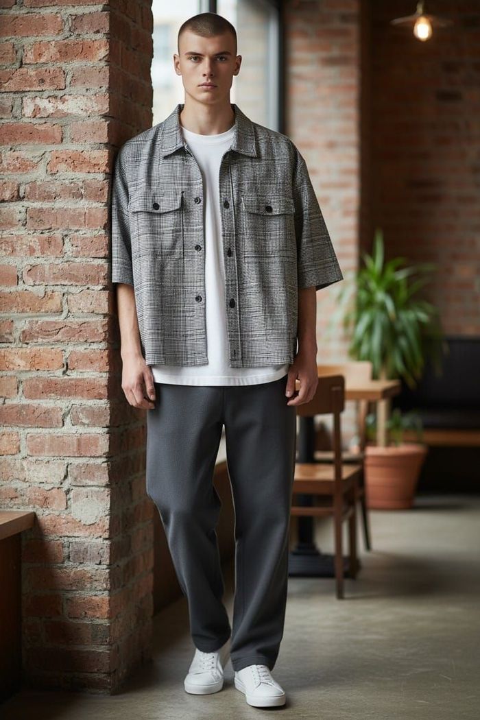 Une personne se tient debout dans un café aux murs de briques, portant une surchemise grise, un t-shirt blanc, un pantalon foncé et des baskets blanches.