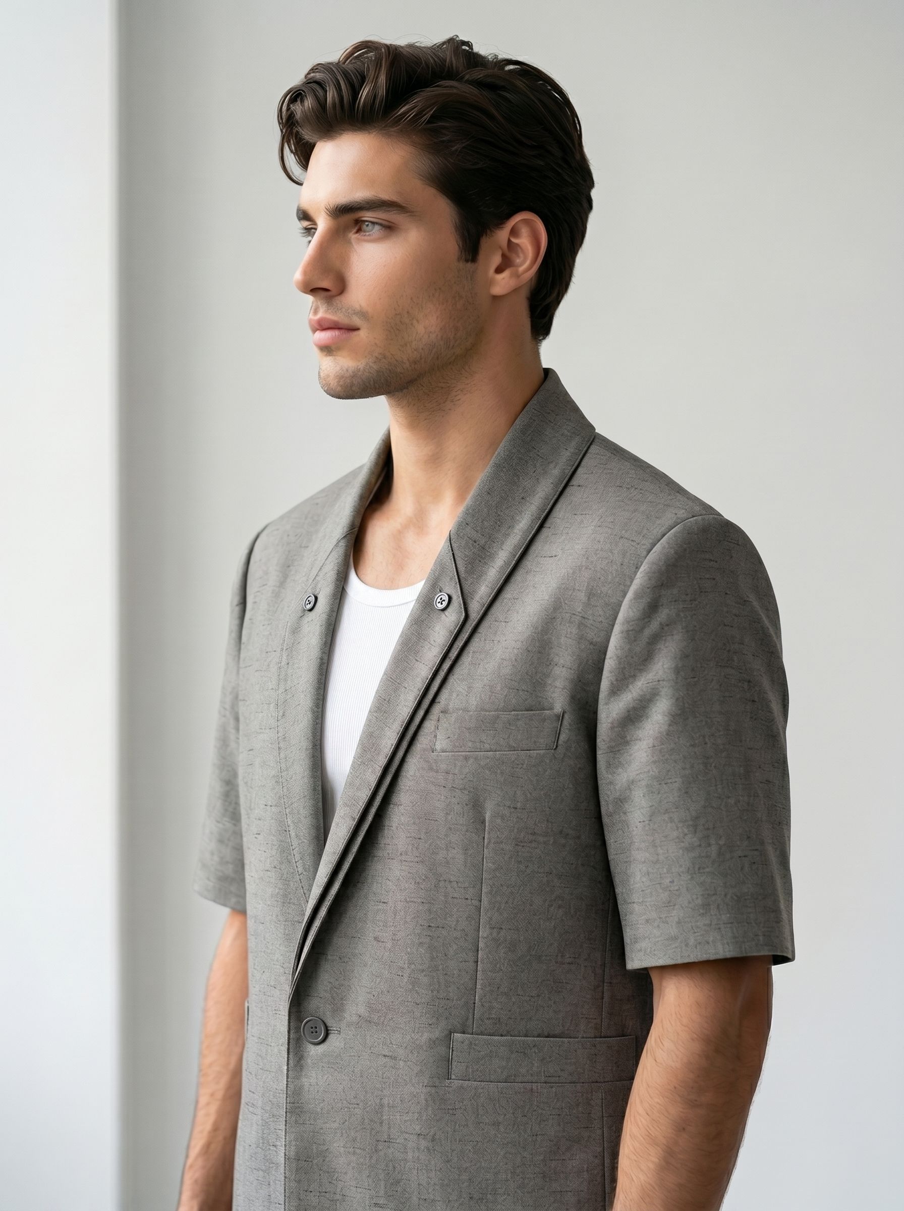 Profil d'un homme en blazer gris et chemise blanche sur fond clair uni