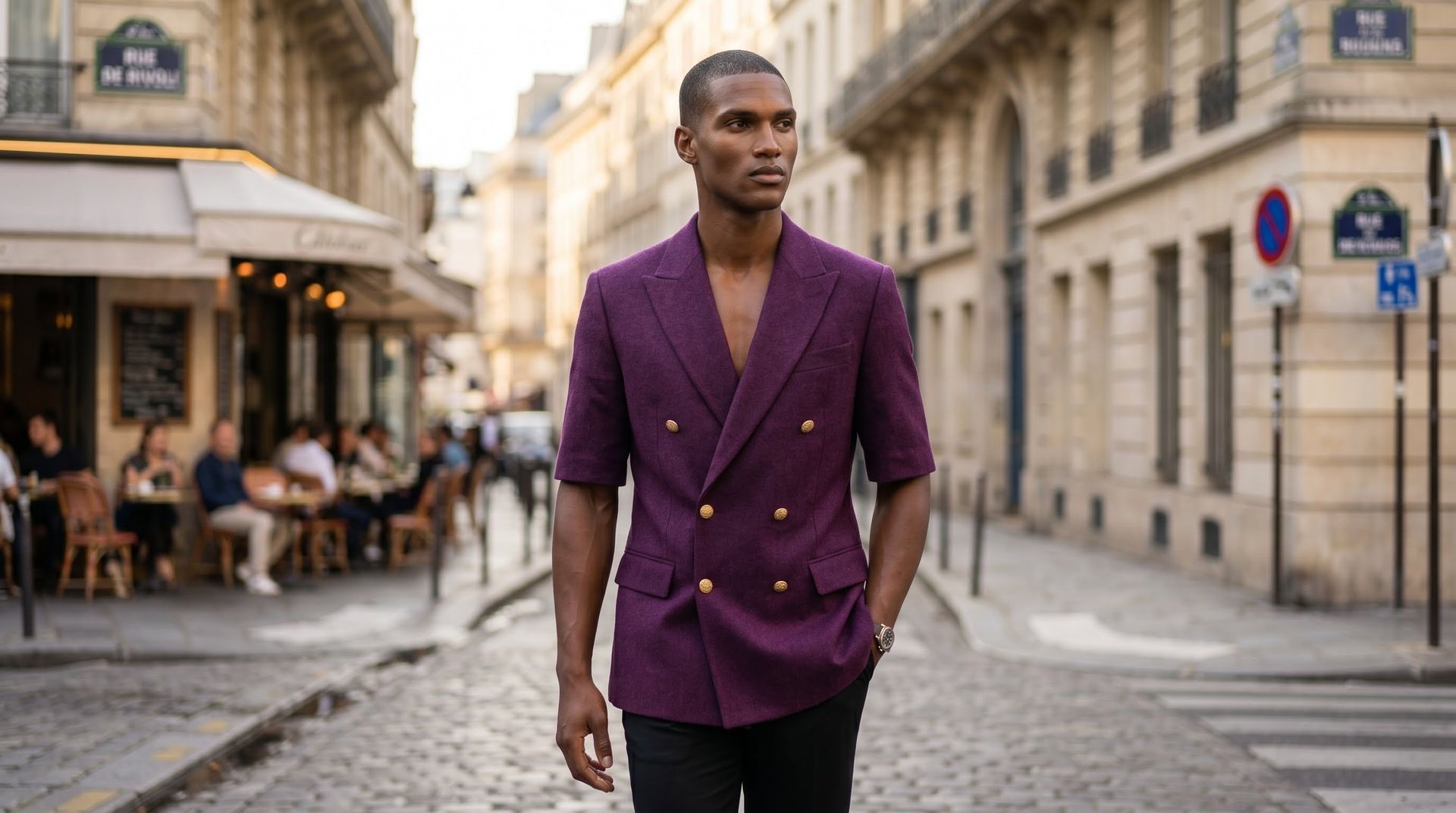 Un homme en blazer violet marche dans une rue pavée d'une ville de style européen.