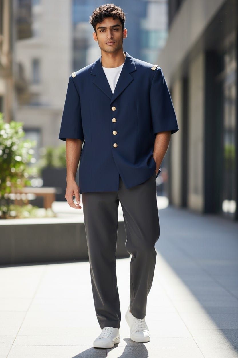 Un homme en chemise bleu marine et pantalon gris marche à l'extérieur, sur une allée piétonne de la ville.