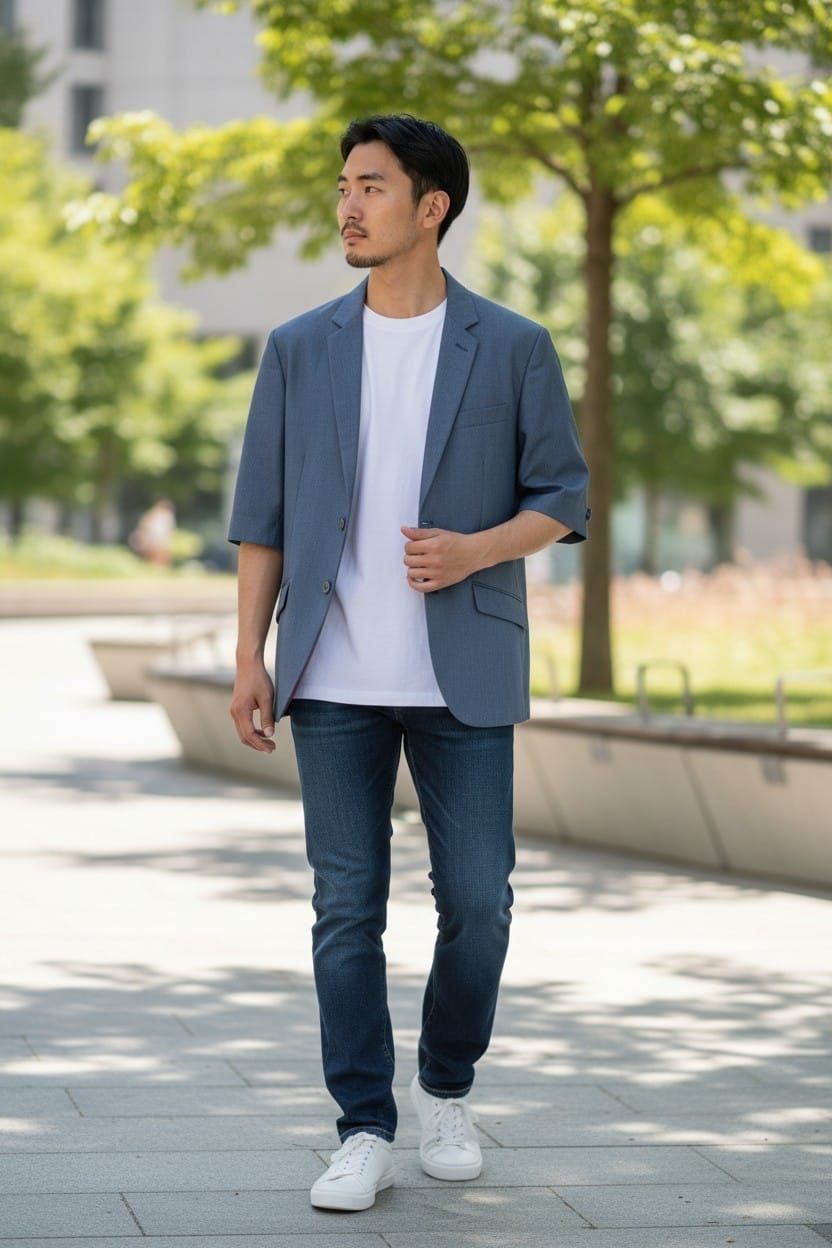 Un homme marche en plein air sur un chemin ensoleillé, vêtu d'un blazer bleu, d'une chemise blanche, d'un jean et de baskets blanches.
