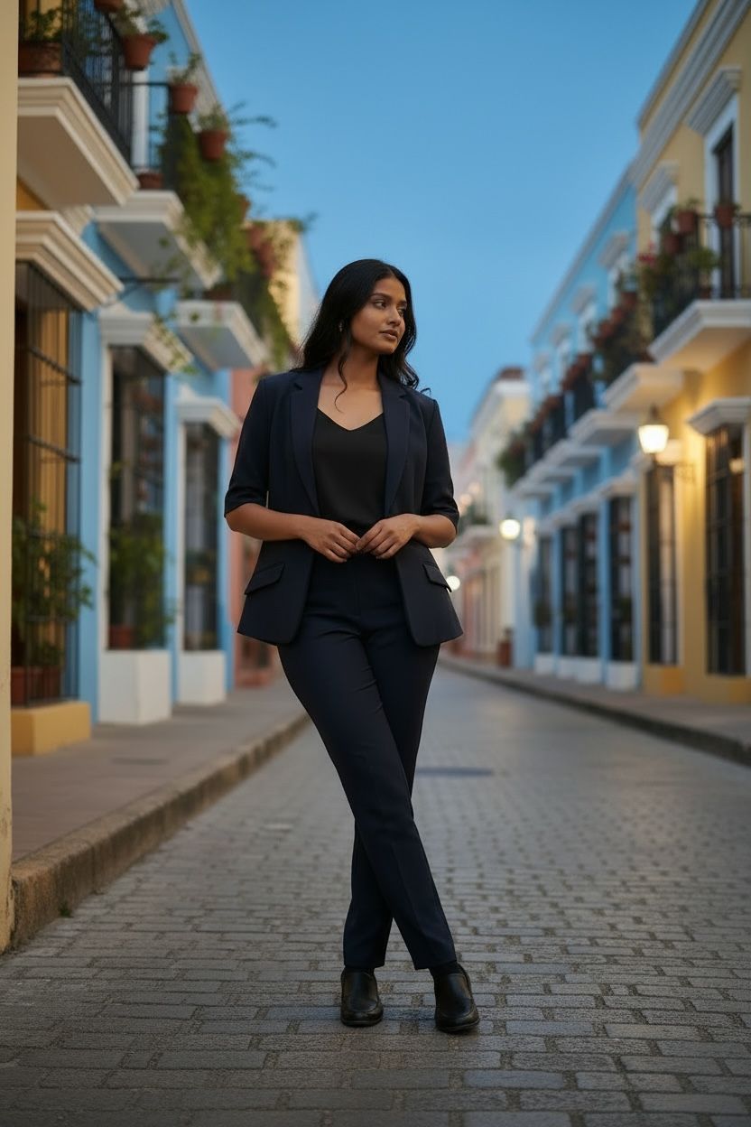 Une femme vêtue de noir se tient debout dans une rue pavée, entre des bâtiments aux teintes pastel, au crépuscule.