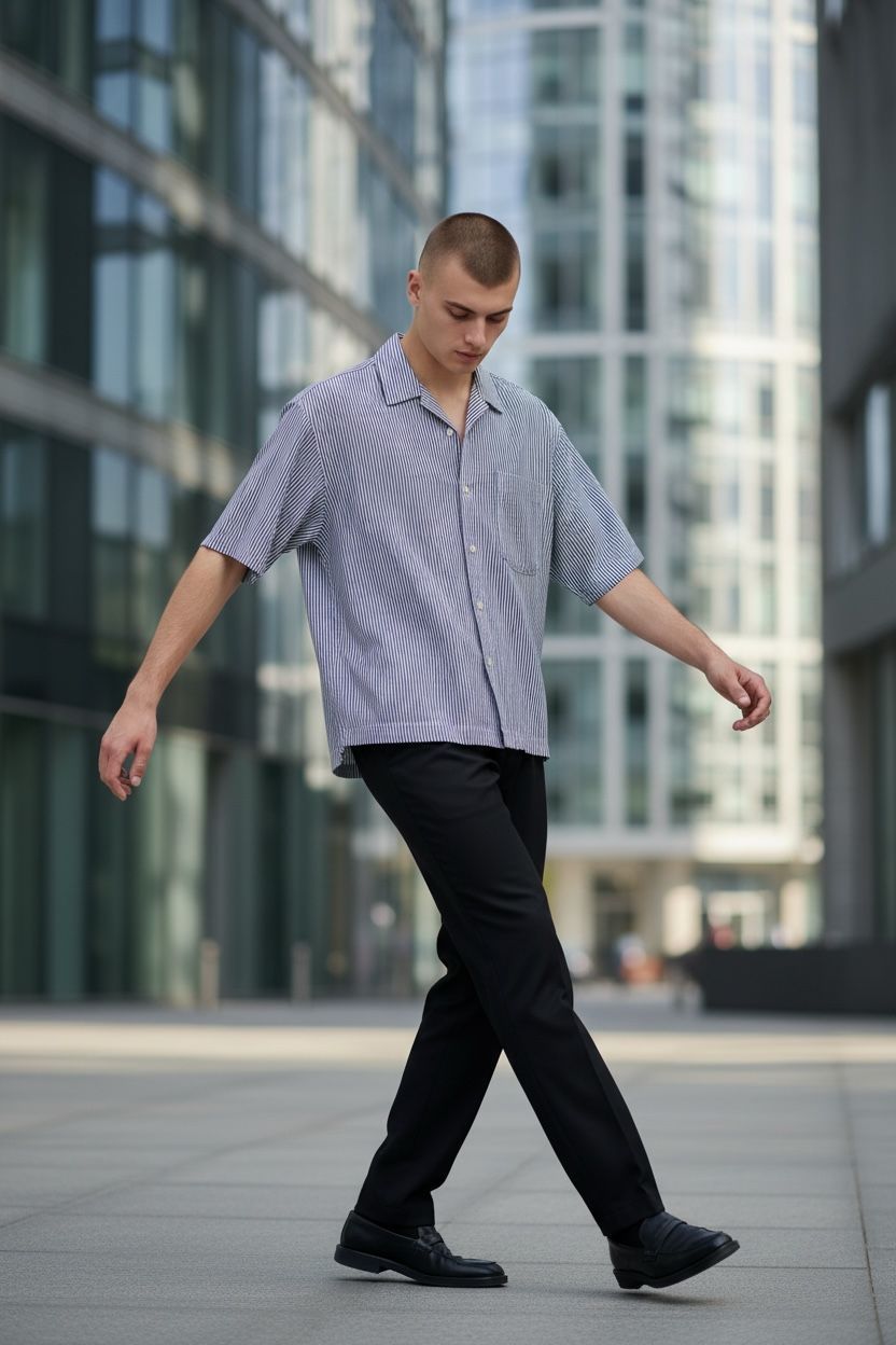 Un homme traverse une place de la ville entre des immeubles de bureaux vitrés.