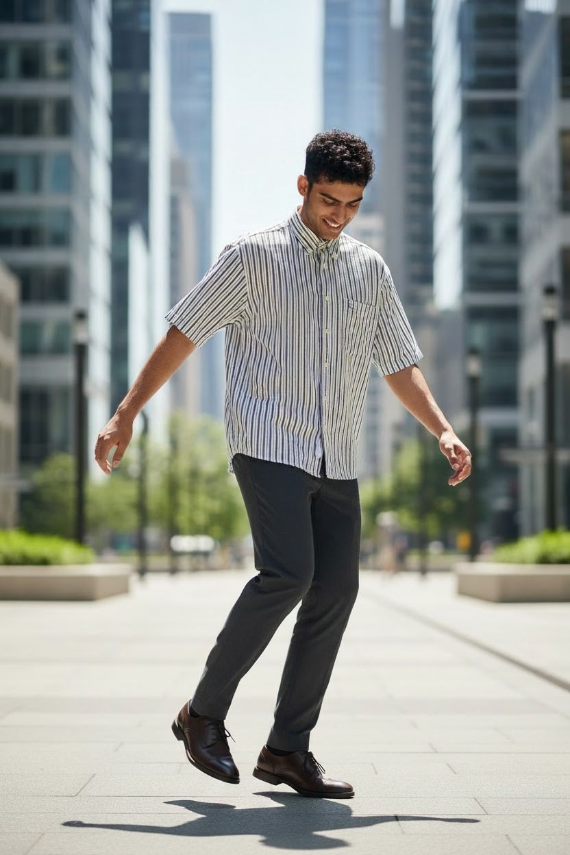 Une personne en chemise rayée en équilibre sur un skateboard sur une place de la ville, avec de hauts immeubles en arrière-plan.