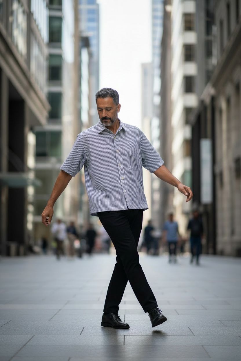 Un homme en chemise rayée traverse une rue de la ville entre de hauts immeubles.