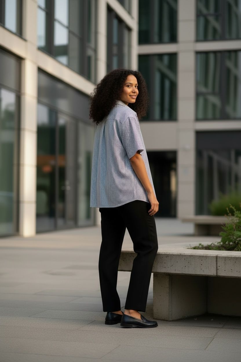 Une femme se tient à l'extérieur, près d'un bâtiment moderne, se retournant et souriant, vêtue d'une chemise à rayures et d'un pantalon noir.