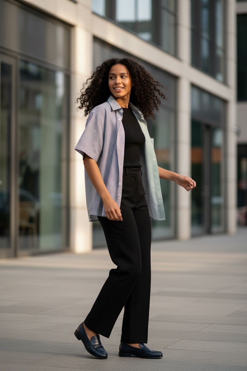 Une personne marche à l'extérieur, près d'immeubles modernes en verre, vêtue d'une chemise à rayures, d'un pantalon noir et de chaussures bleues.