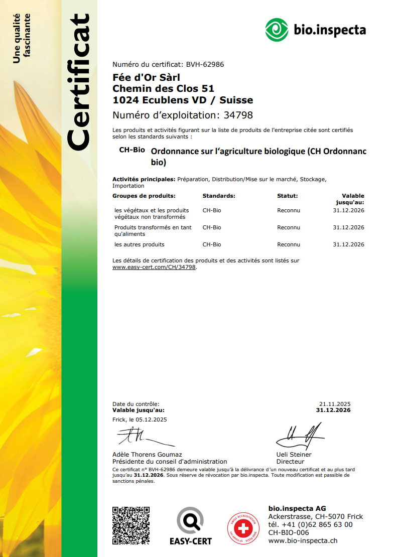 Document de certificat Bianta avec bordure verte et jaune, détails textuels, code QR et signatures