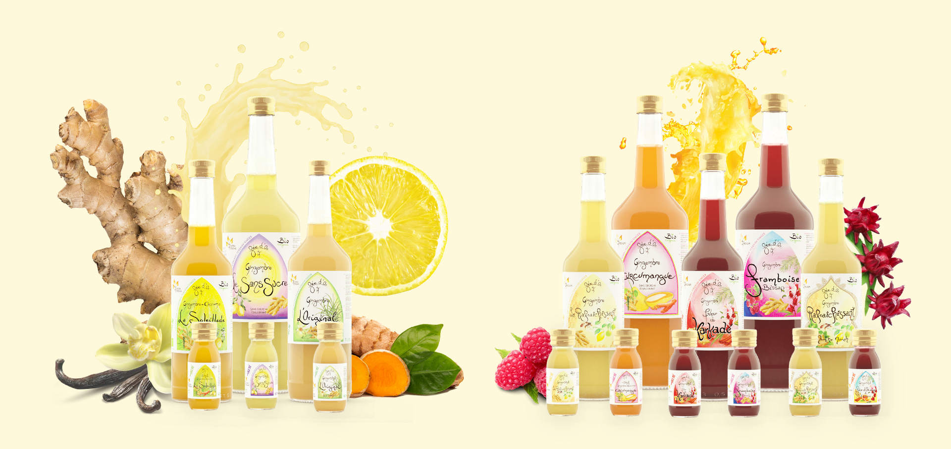 Présentoir de produits de soins de la peau à base de plantes avec flacons, pots et agrumes sur fond jaune vif