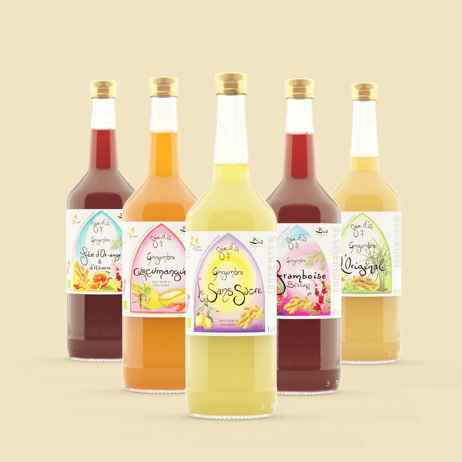 Cinq boissons en bouteille de couleurs assorties, avec des étiquettes décoratives, sur fond clair.