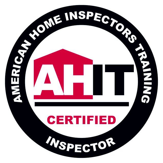 Circular logo for American Home Inspectors Training (AHIT) with red and black text, featuring a red house icon and CERTIFIED.