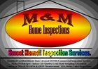 Logo for M&M Home Inspections, featuring an orange oval with brand name and a list of inspection services on grey background.
