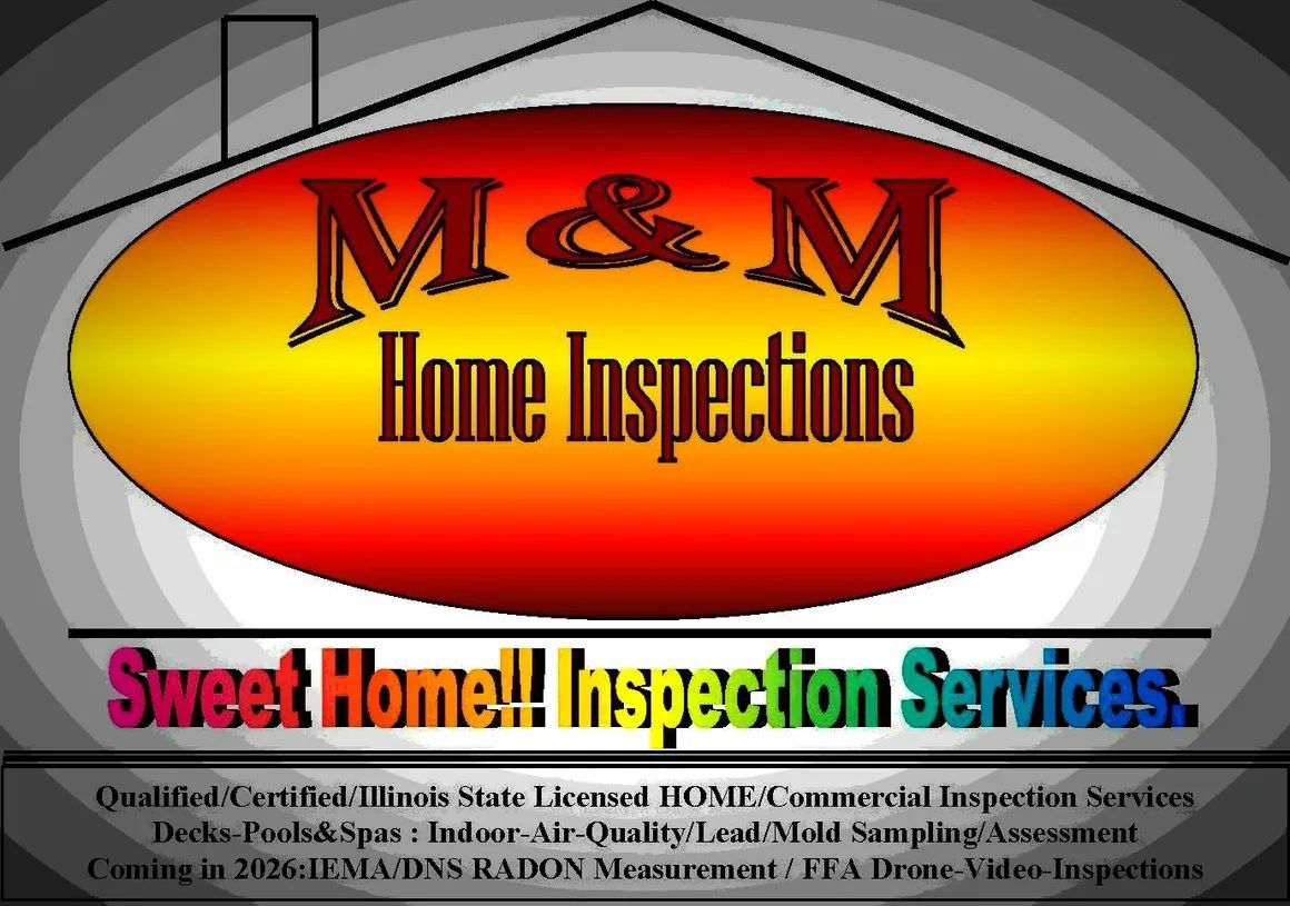 Logo for M&M Home Inspections, featuring an orange oval with brand name and a list of inspection services on grey background.