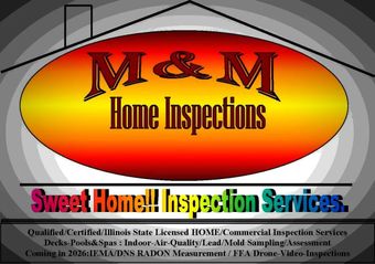 Logo for M&M Home Inspections, featuring an orange oval with brand name and a list of inspection services on grey background.