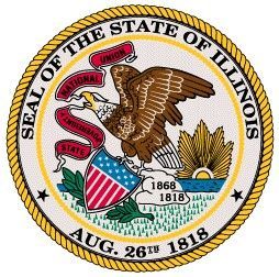 The official state seal of Illinois featuring a bald eagle holding a banner with the state motto, shield, and sun rising.