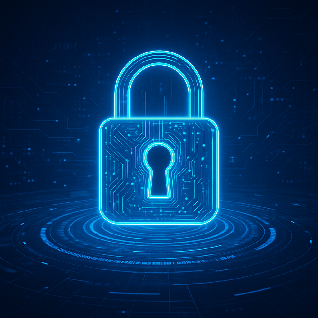 Blue glowing digital padlock on a circuit board pattern, symbolizing cybersecurity.