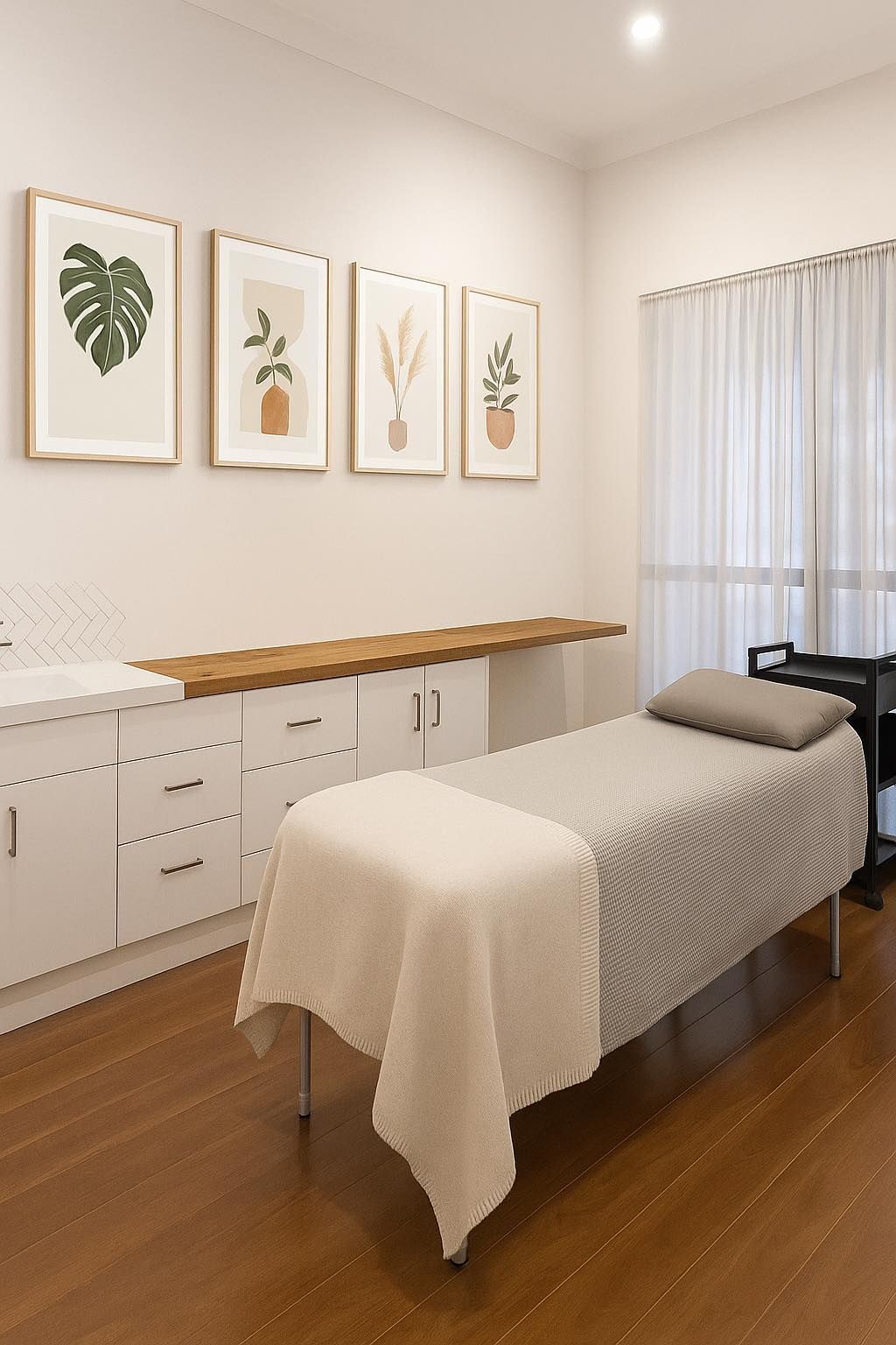 Treatment Room With Massage Table, White Cabinetry  — Artisan Cosmetic Tattoo & Beauty in Worongary, QLD