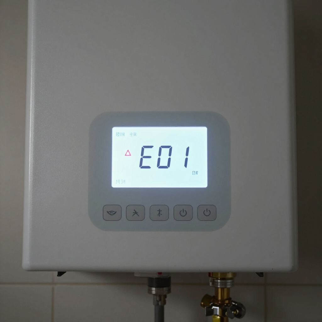 Wall-mounted digital control panel displaying error code E01 on a white unit
