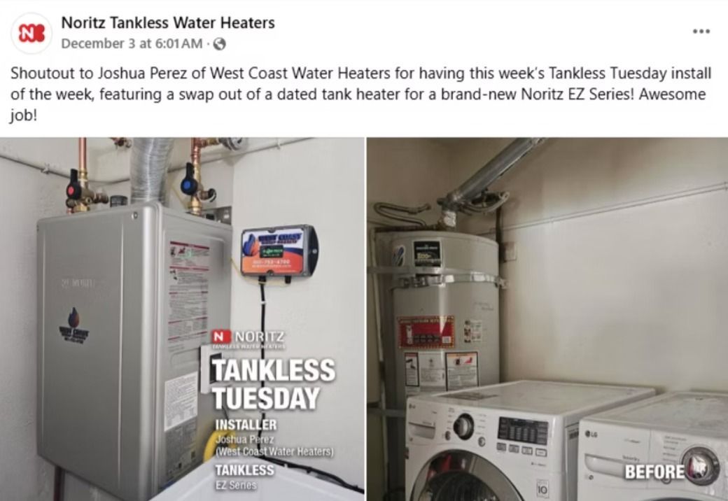 Tankless water heater in a utility room, with before-and-after views of the installation.