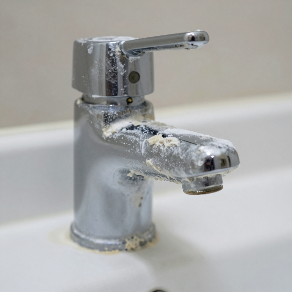 Chrome faucet coated in white soap residue over a white sink
