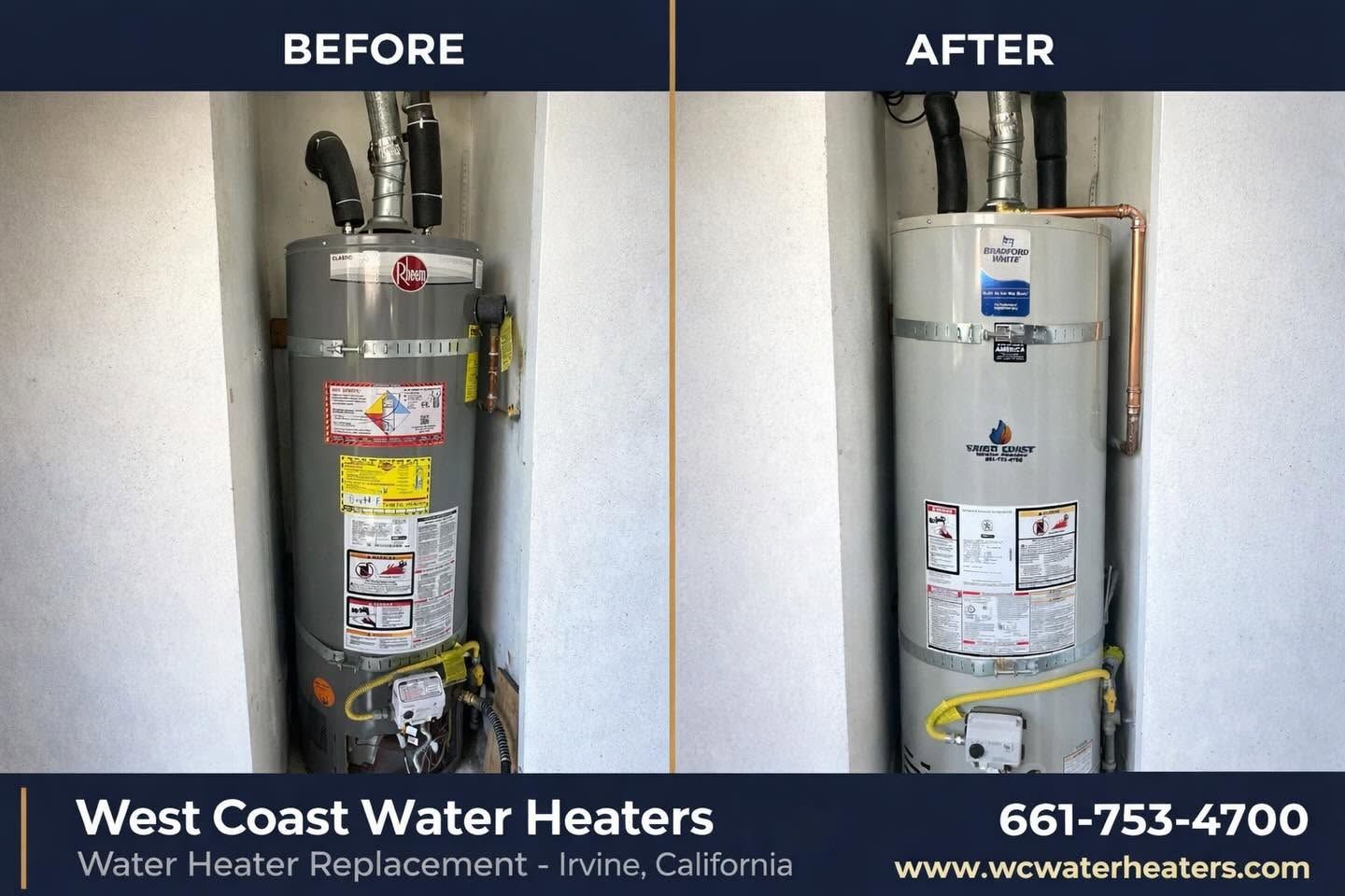 Before-and-after photo of a water heater replacement in a closet, showing old and new units.