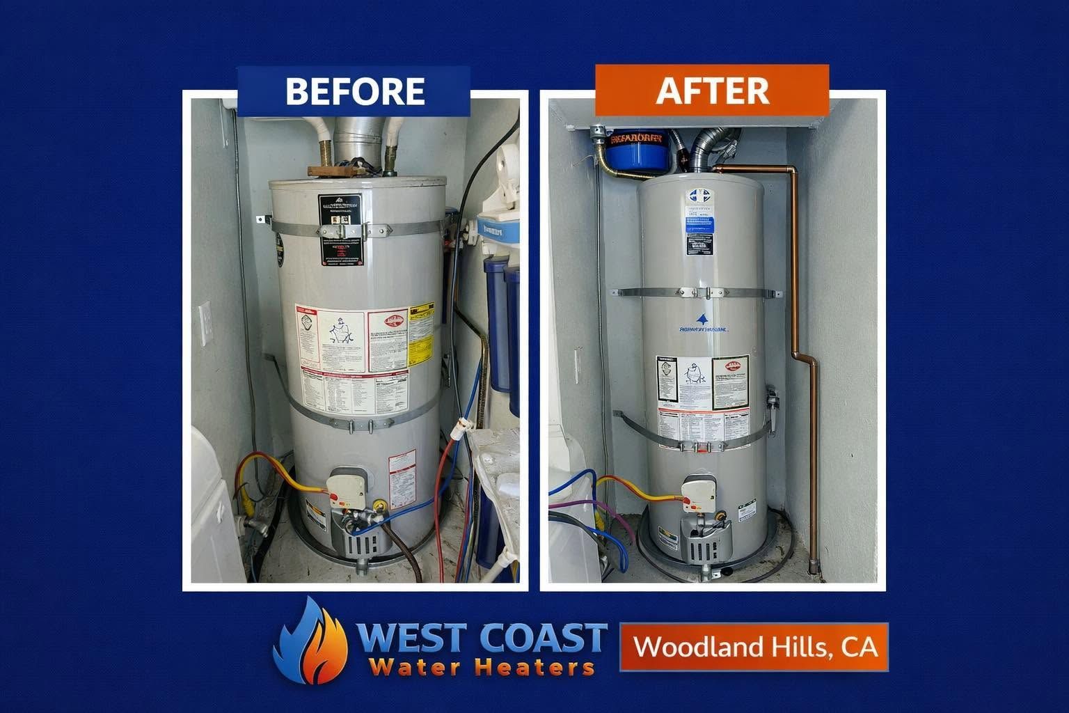 Before-and-after water heater installation in a utility closet, with West Coast Water Heaters logo