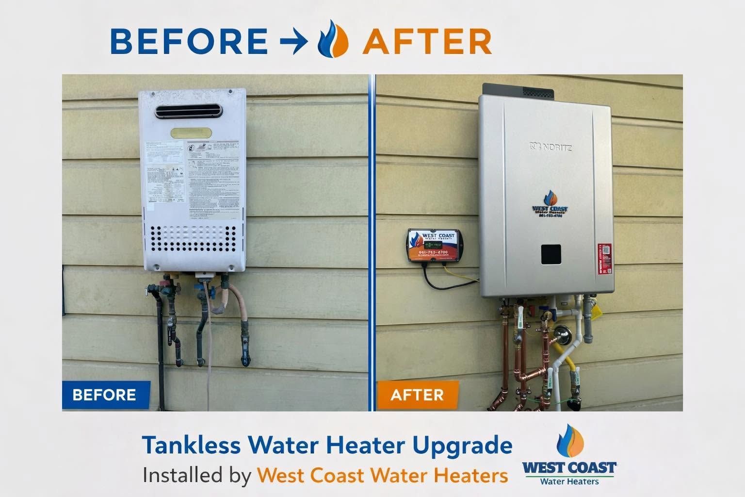 Before-and-after tankless water heater upgrade on a beige exterior wall, showing old unit replaced by a new one.