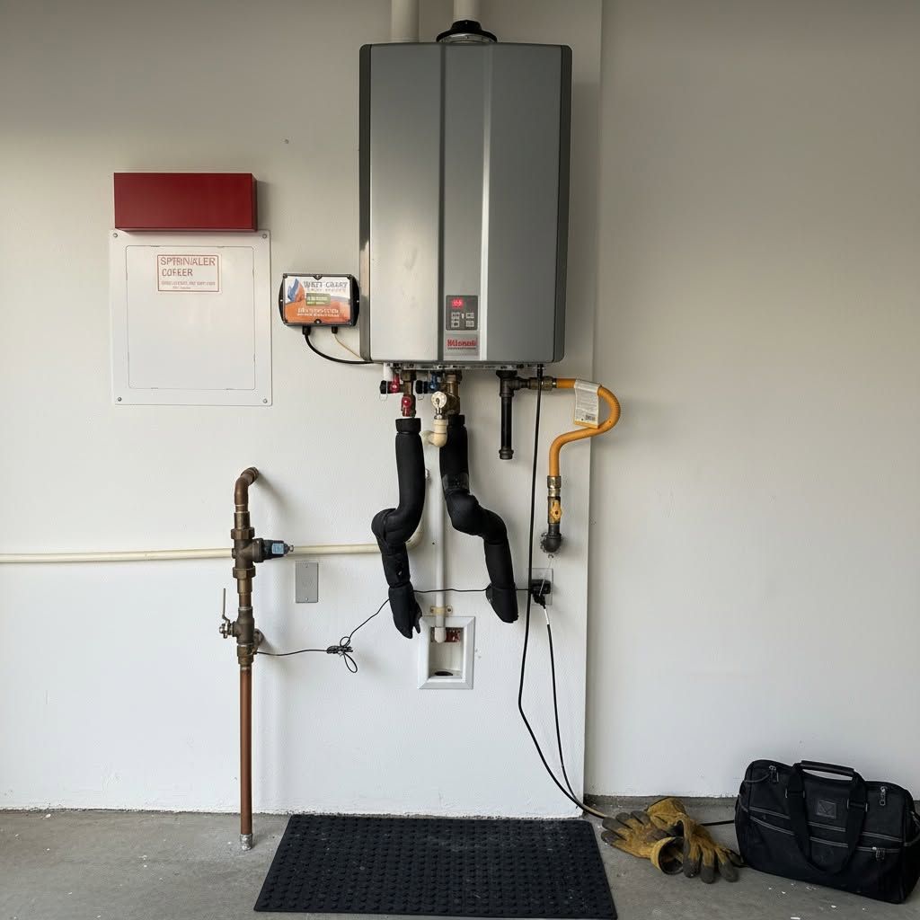 Wall-mounted water heater and pipes in a utility room, with a floor mat and bag on the floor.