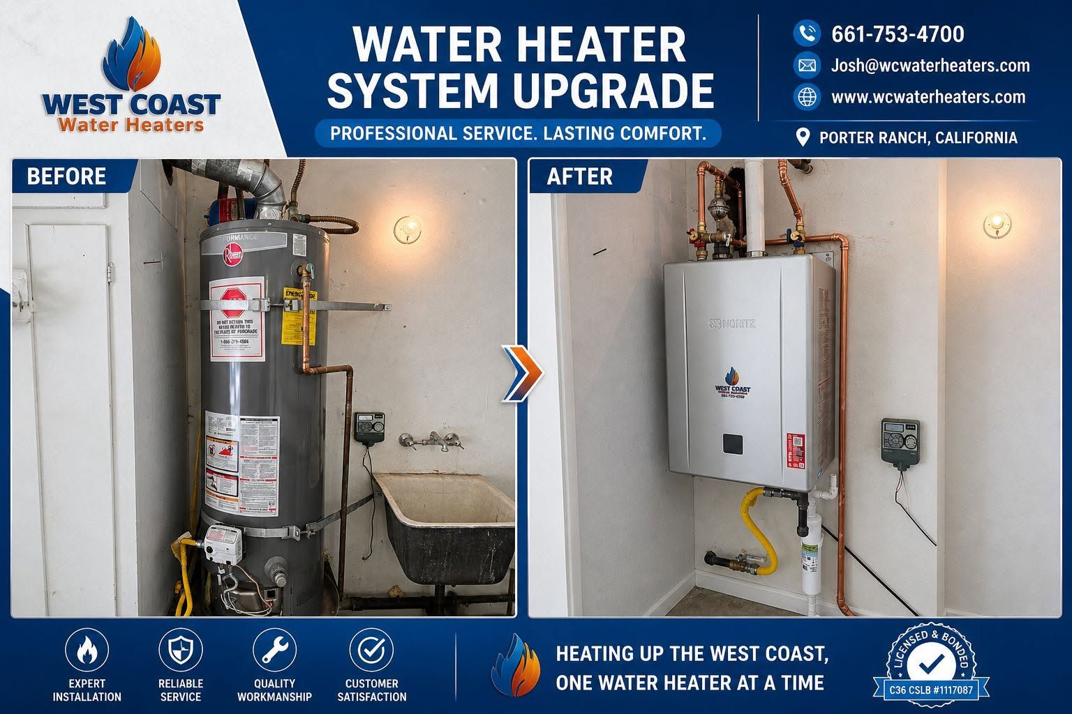 Before-and-after water heater upgrade: old tank replaced with wall-mounted unit in a utility closet.