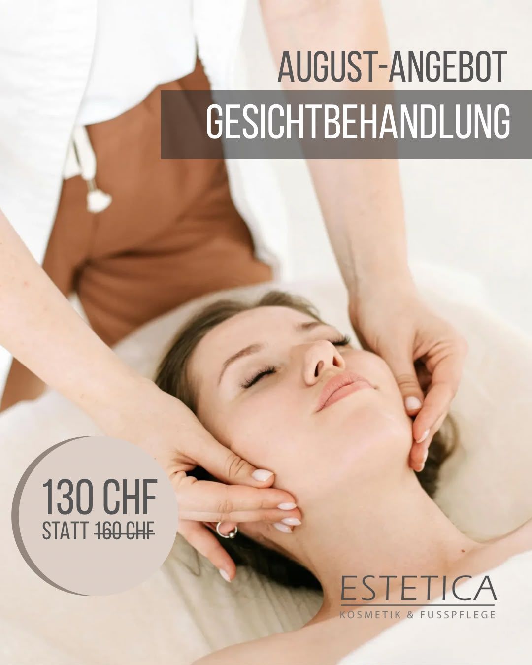 Kosmetische Gesichtsanwendung mit Gesichtsmaske, Text „Klassische Gesichtsbehandlung“ und Preisangabe 130 CHF