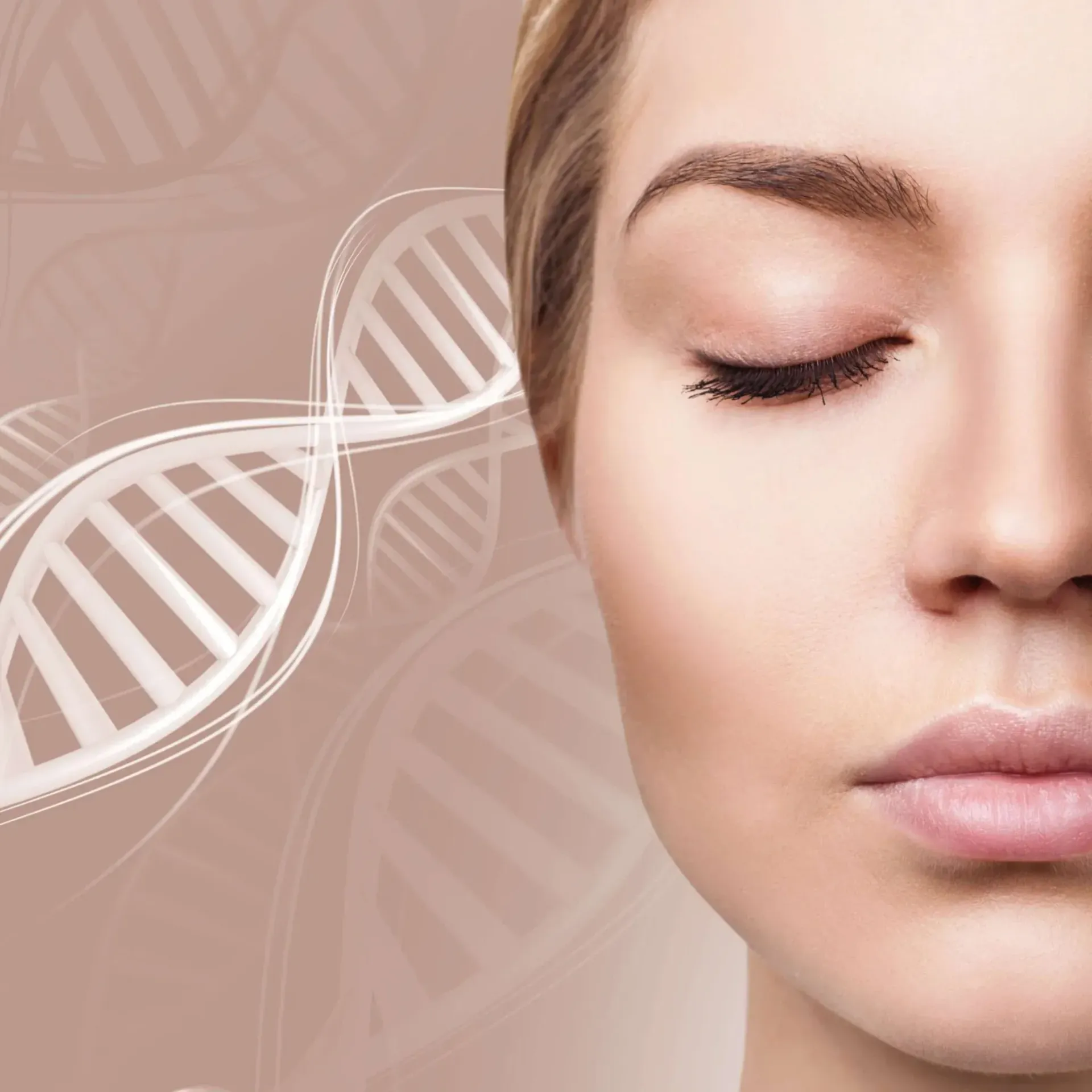 Nahaufnahme eines Frauengesichts mit geschlossenen Augen neben einer weißen DNA-Helix auf rosa Hintergrund
