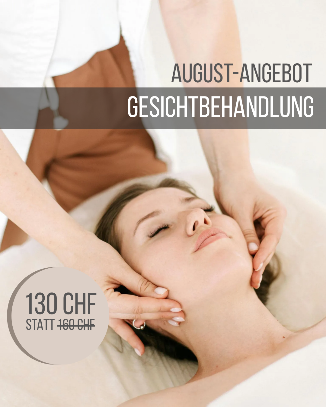 Spa facial treatment ad with a woman receiving a face massage and German text about peeling, ampoule, and massage services