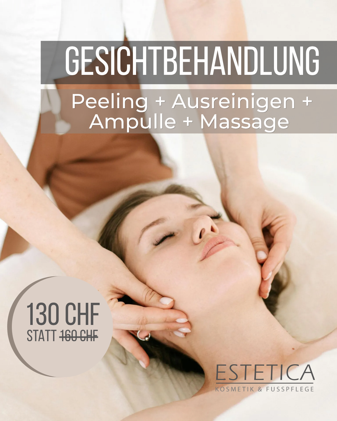 Spa facial treatment ad with a woman receiving a facial massage and German text on peeling, ampoule, and massage￼