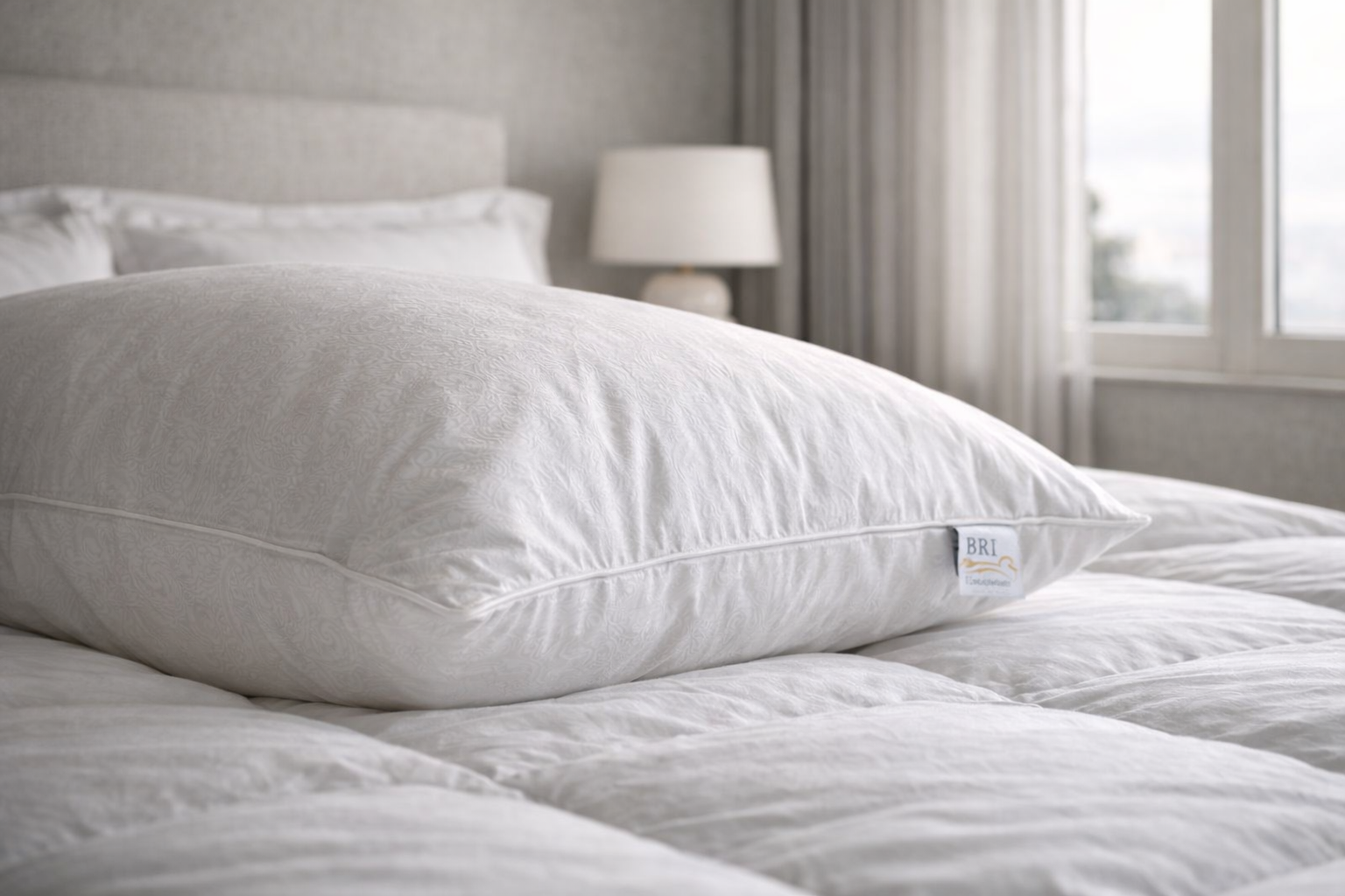 White pillow made out of eiderdown on a neatly made white bed in a bright bedroom