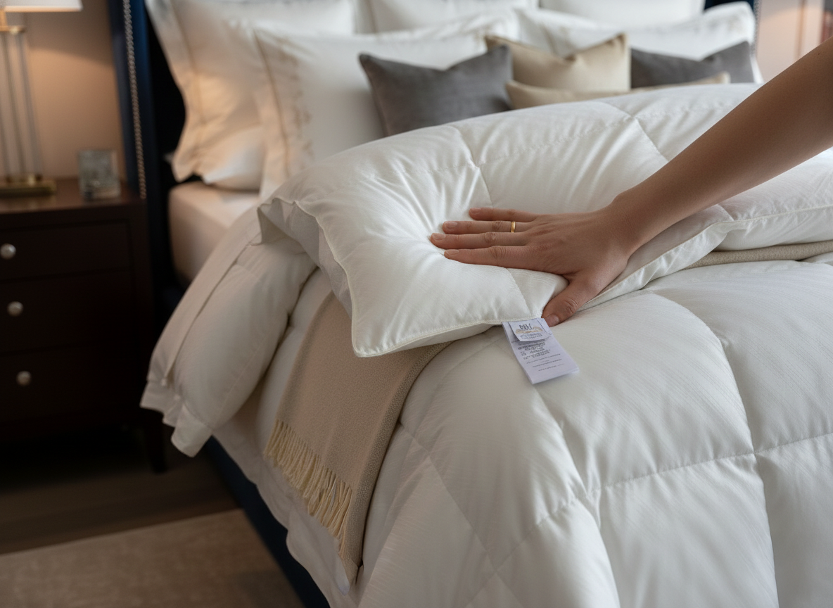Neatly made bed with white eiderdown comforter in a neutral-toned bedroom, flanked by matching bedside lamps.