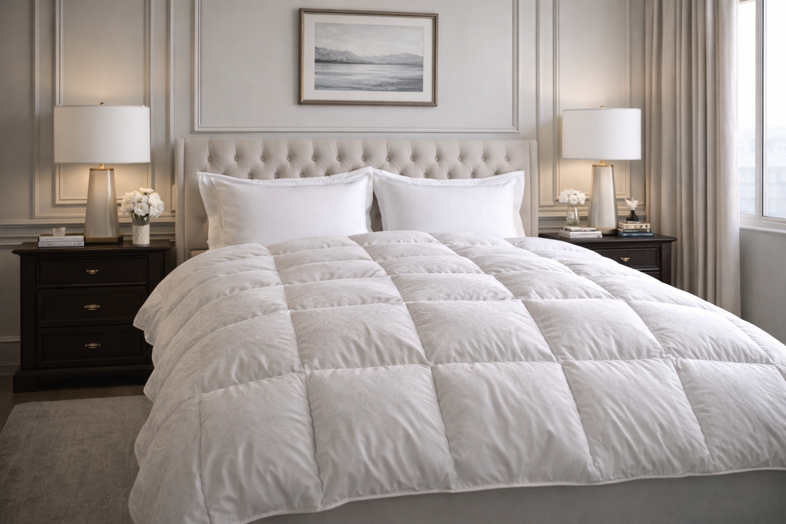Neatly made bed with white eiderdown comforter in a neutral-toned bedroom, flanked by matching bedside lamps.