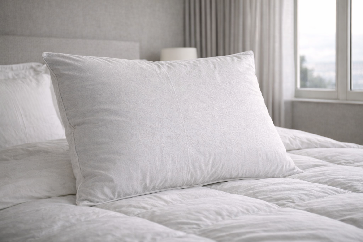 White pillow made out of eiderdown on a neatly made white bed in a bright bedroom
