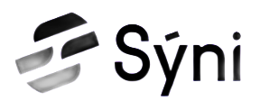 Syni logo with stylized black and gray emblem and black wordmark