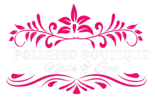 A pink and white logo for a nail salon called Polished Boutique nails & spa.