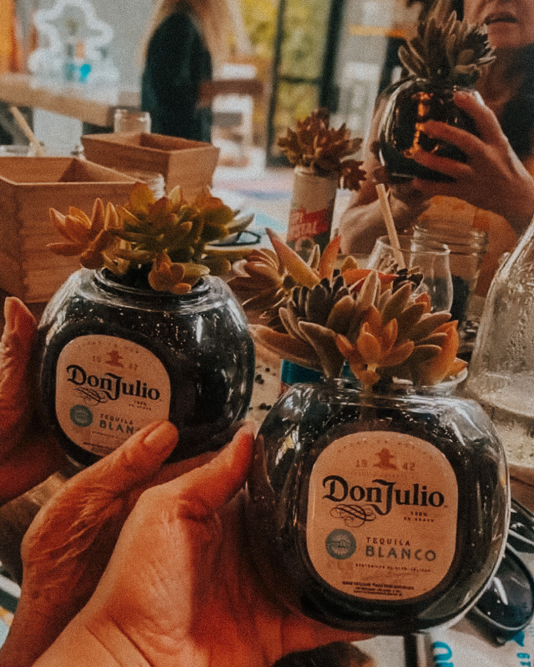 Hands holding Don Julio Blanco tequila bottles with succulent tops at a table in a restaurant