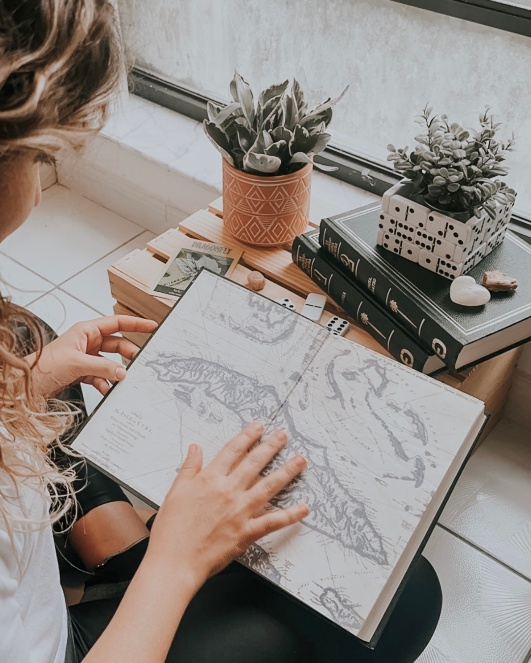 Person sketching a mountain scene in an open notebook beside potted plants and stacked books by a window