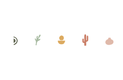 Five small colorful cactus and flower icons spaced in a row on a white background