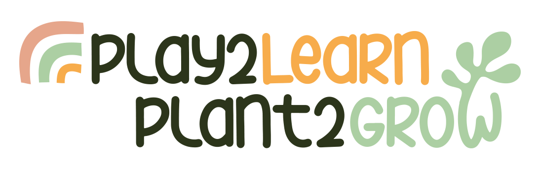 Play2Learn Plant2Grow logo with colorful rainbow and green leaves on white background