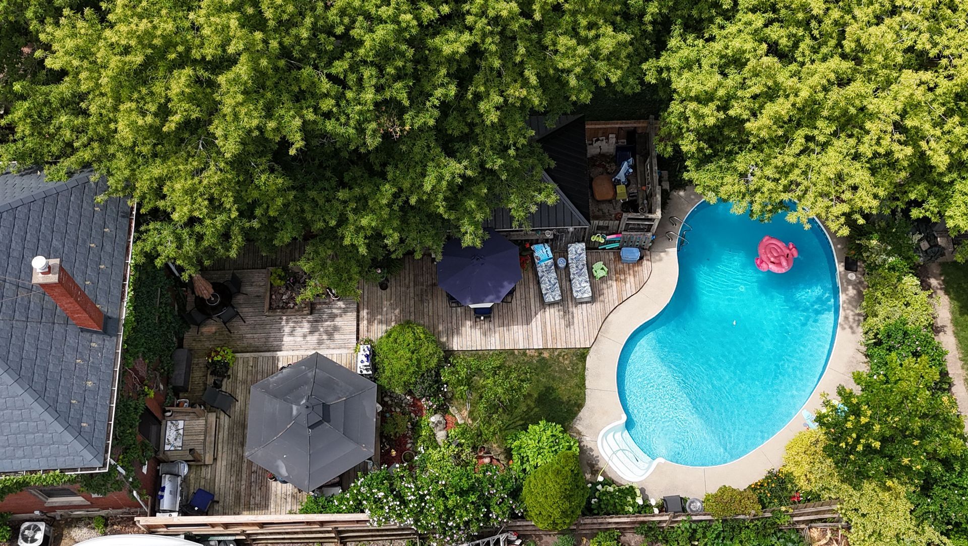 Aerial drone view of backyard with kidney-shaped pool, deck, gazebo and mature trees