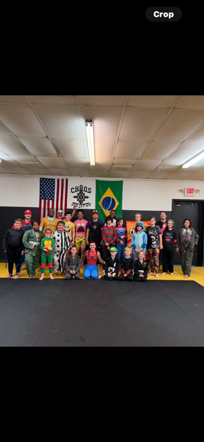 A group of children in various costumes posing on a gym floor in front of US, Brazilian, and martial arts flags.