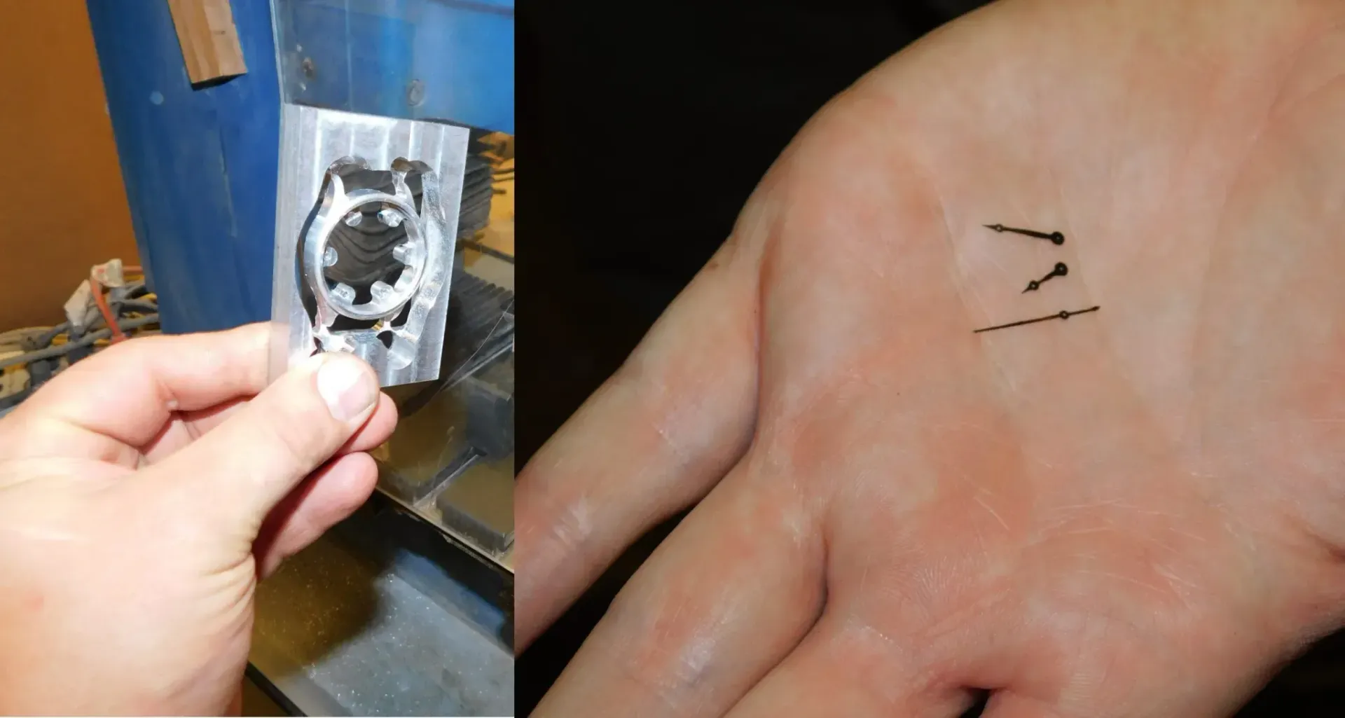 a person is holding a piece of watchparts next to their hand .