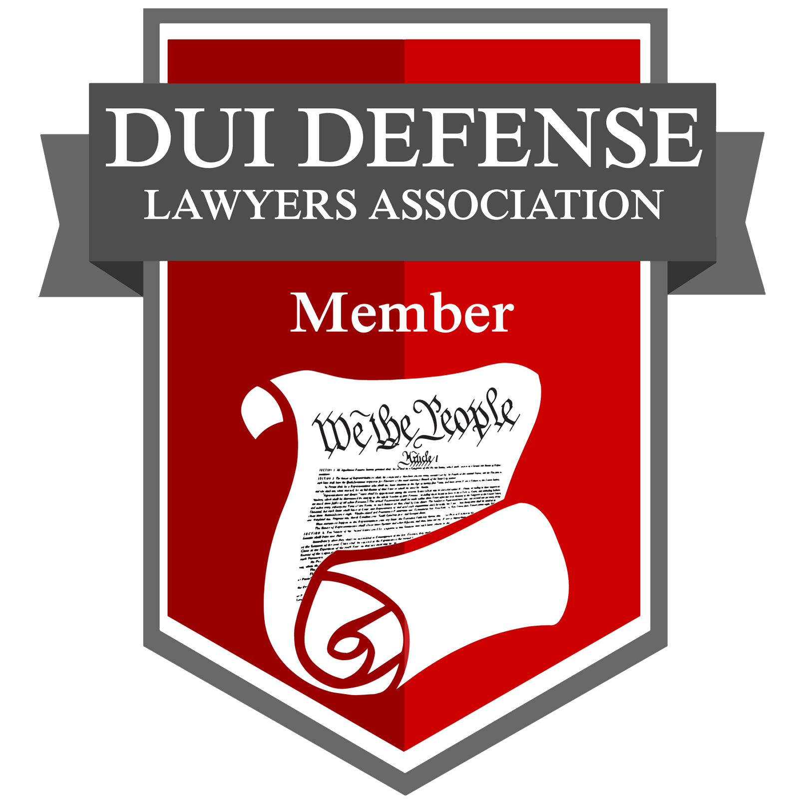 DUI Defense Lawyers Association member badge, red and white with scroll and text.